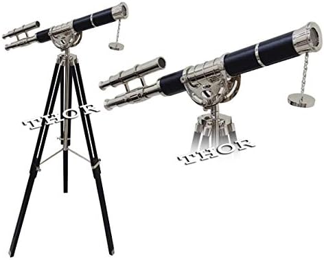 Solid Brass Double Barrel Telescope with Black Leather and Tripod