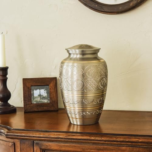 AspenStudio Platinum Brass Cremation Urn for Adult Human Ashes - Large Handcrafted Urn