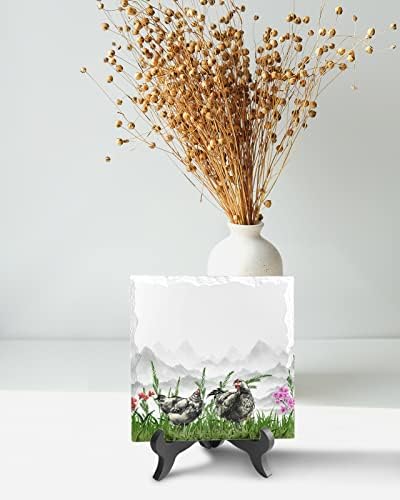 Ceramic Desk Plaque with Wooden Stand Rooster Grass Floral Design
