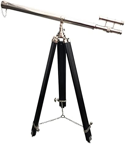 Double Barrel Nickel Finish Floor Telescope with Black Wooden Tripod