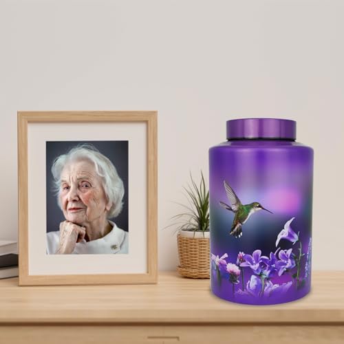 Large Cremation Urns for Human Ashes Hummingbird Decorative Purple Urn with Velvet Bag