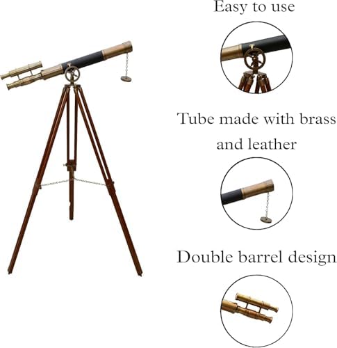 Antique Brass Double Barrel Telescope with Black Leather Tube and Wooden Tripod