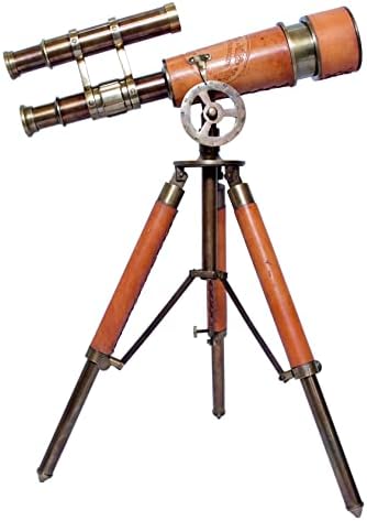 Antique Brass Telescope with Leather and Wood Base