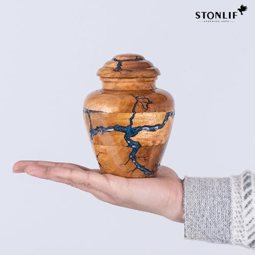 Wooden Cremation Urn with Blue Inlays - 20 Cubic Inches