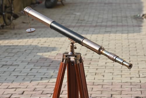 Antique Telescope with Black Leather and Wooden Stand
