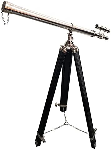 Double Barrel Nickel Finish Floor Telescope with Black Wooden Tripod
