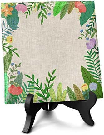 Tropical Leaf Desk Decor Ceramic Plaque with Wooden Stand