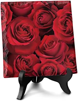 LEOSUCRE Red Flower Desk Decor Plaque with Wooden Stand