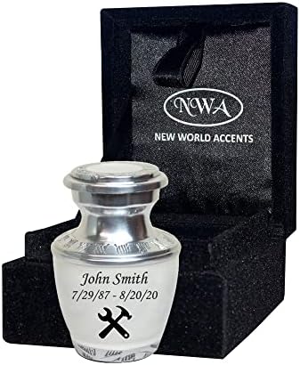 White Small Cremation Urn with Engraved Wrench and Hammer Design