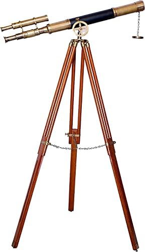 Vintage Antique Brass Telescope with Brown Wooden Tripod
