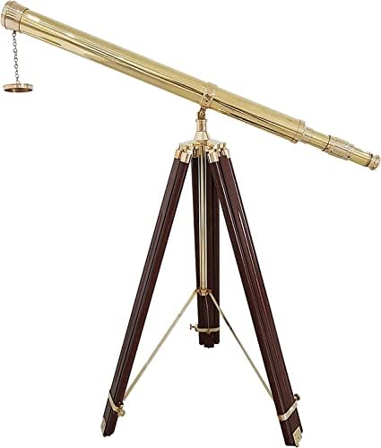 Polished Brass Telescope with Wooden Tripod Vintage Maritime Decor