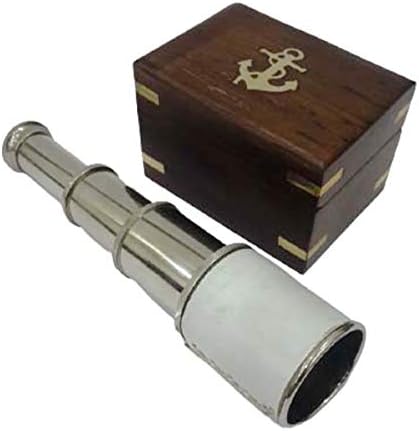 6 Inch Chrome Finish White Leather Telescope with Brown Wooden Box