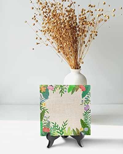 Tropical Leaf Desk Decor Ceramic Plaque with Wooden Stand