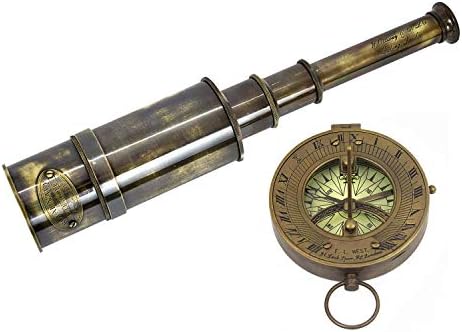 Antique Brass Telescope Nautical Decor 1915 Vintage Compass Set
