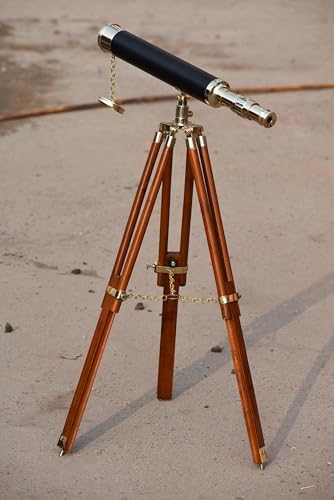 Shiny Brass Telescope with Leather Wrap and Wooden Tripod Stand 18 Inch