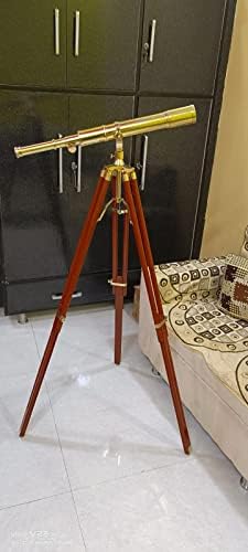 Retro Brass Telescope with Brown Wood Tripod Stand