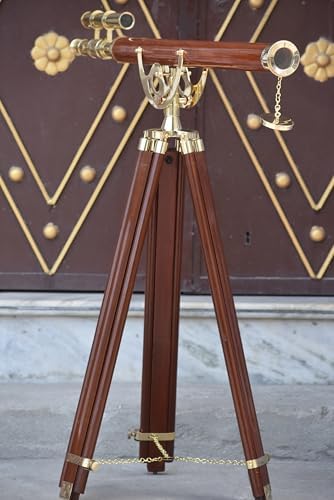 Double Barrel Brass Telescope with Wooden Tripod