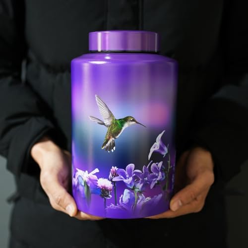Large Cremation Urns for Human Ashes Hummingbird Decorative Purple Urn with Velvet Bag