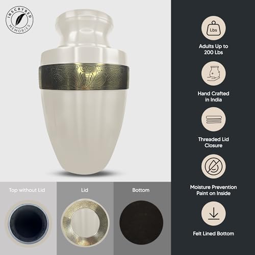 Personalized Adult Cremation Urn with Photo and Engraved Name Date Elite Series Gold Rim 200 Lbs Capacity White