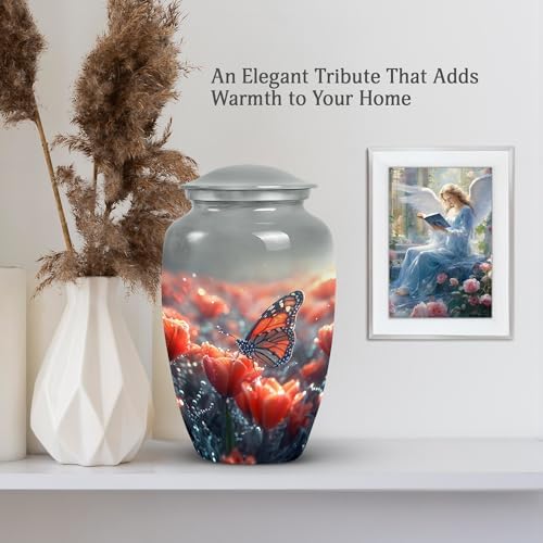 Monarch Butterfly on Tulips Large Metal Urn