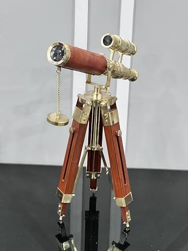 Vintage Double Barrel Brass Telescope with Wooden Tripod