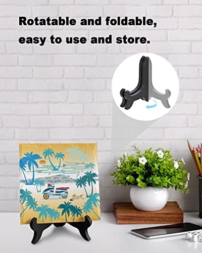 Wooden Stand Desk Decor with Beach Scene Ceramic Plaque