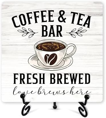 Wooden Coffee Bar Decor Sign with Iron Stand