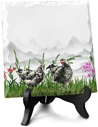 Ceramic Desk Plaque with Wooden Stand Rooster Grass Floral Design