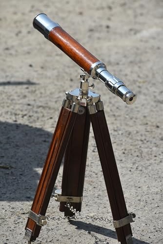Brass Antique Telescope with Leather Wrap and Wooden Tripod Stand