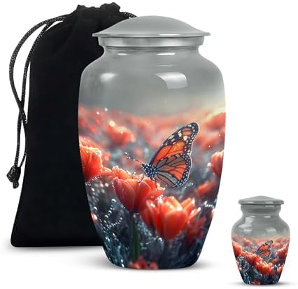 Monarch Butterfly on Tulips Large Metal Urn