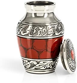 Small Keepsake Cremation Urn with Velvet Heart Case and Funnel - Deep Red Brass Hand Engraved Mini Memorial Urn