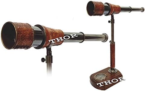 Antique Handmade Telescope with Compass Wooden Base Decorative Home Decor Gift