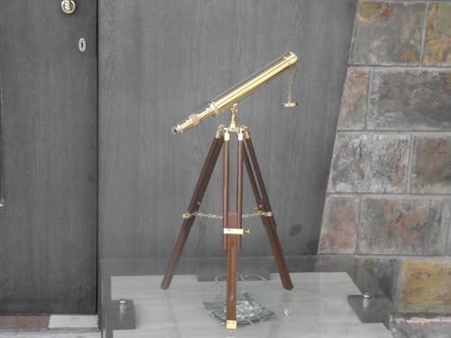 Shiny Brass Telescope with Wooden Tripod Stand