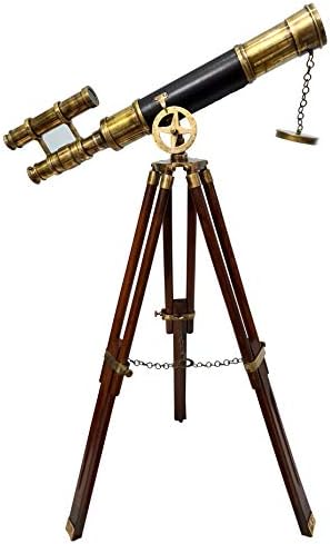 Antique Brass Telescope with Wooden Stand and Leather Sheath