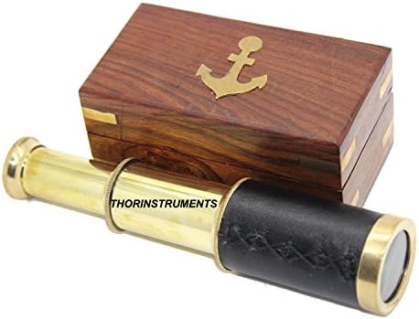 Captains 6 Inch Brass Handheld Mini Telescope with Black Leather and Wooden Box