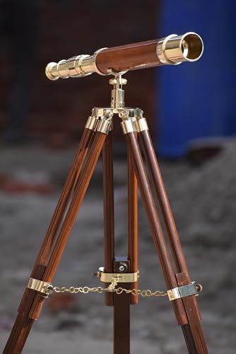 Polished Brass Telescope with Wooden Tripod for Nautical Decor