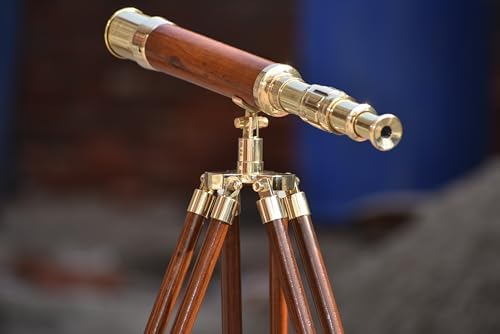 Polished Brass Telescope with Wooden Tripod for Nautical Decor
