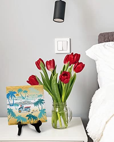 Wooden Stand Desk Decor with Beach Scene Ceramic Plaque
