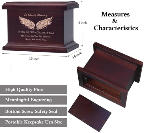 6 Inch Wooden Urn for Human Ashes - Keepsake Urn with Wing Design