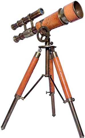 Antique Brass Telescope with Leather and Wood Base