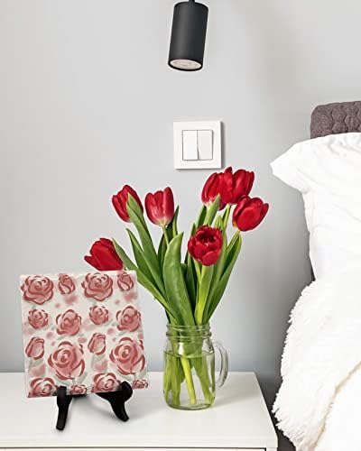 Ceramic Desk Plaque with Wooden Stand Red Rose Design