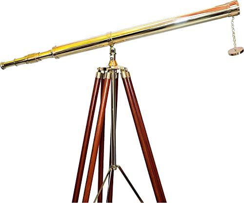 Nautical Floor Standing Brass Telescope With Brown Wooden Tripod Stand