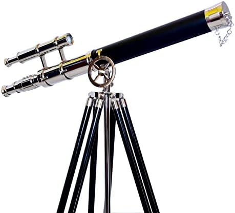 Nautical Brass Nickel Double Barrel Telescope with Black Wooden Tripod