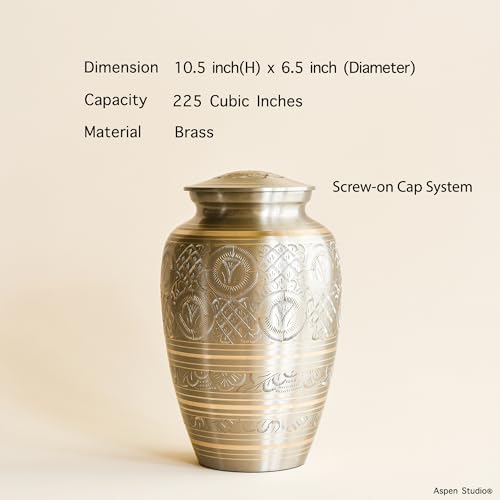AspenStudio Platinum Brass Cremation Urn for Adult Human Ashes - Large Handcrafted Urn