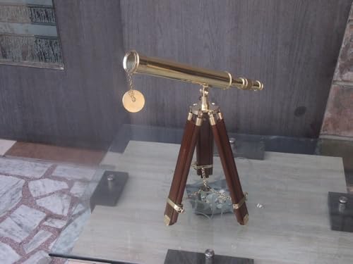 Shiny Brass Telescope with Wooden Tripod Stand