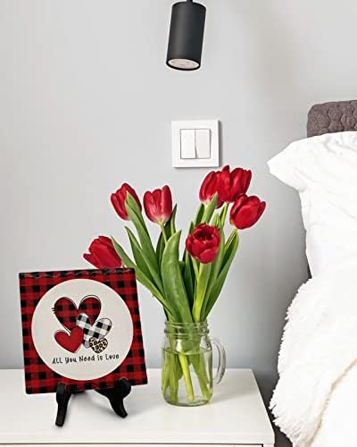 Wooden Stand Desk Decor with Black Red Buffalo Plaid Plaque