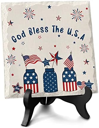 4th of July USA Flag Decorative Desk Plaque with Wooden Stand