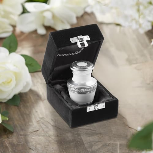Reminded Small Cremation Urn White Silver Velvet Case Keepsake