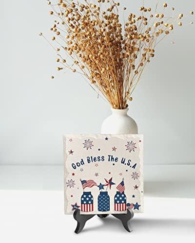 4th of July USA Flag Decorative Desk Plaque with Wooden Stand