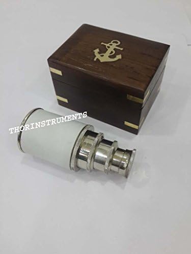 6 Inch Chrome Finish White Leather Telescope with Brown Wooden Box